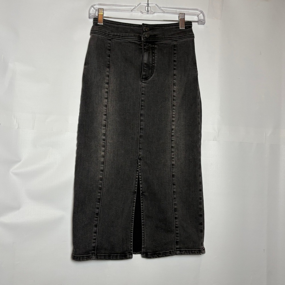 We The‎ Free People Womens 26 Gray Washed Black Denim Midi Skirt Cowgirl Western